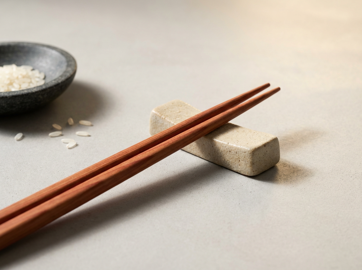 Chopsticks resting on a stone holder with a bowl of rice and scattered rice grains on a neutral surface.