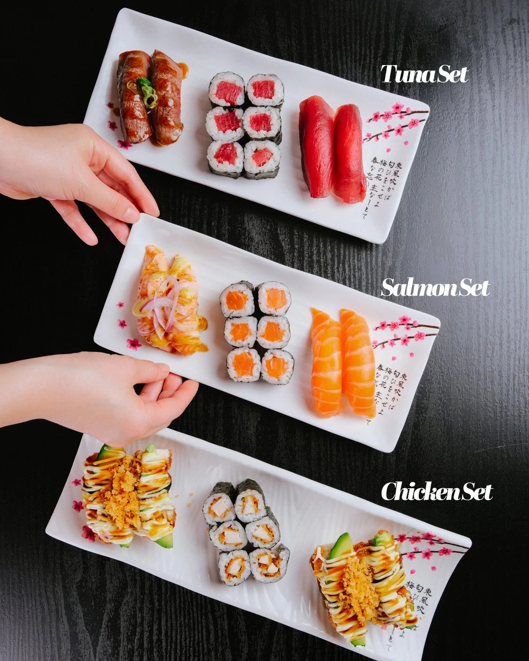 Three favourites, one delicious choice. 🍣✨

Our Chicken Set, Salmon Set, and Tuna Set are made fresh with quality ingredients and packed with flavour.

Whether you love crispy chicken, fresh salmon, or classic tuna, there&rsquo;s a set for everyone 