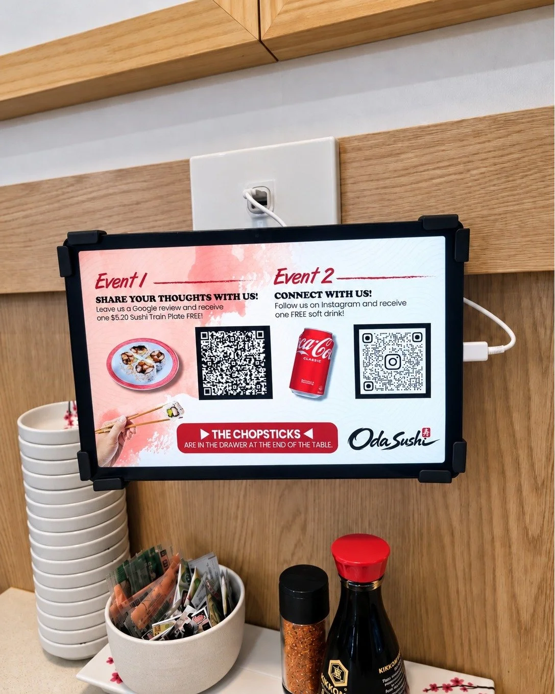 🎉 ODA SUSHI OPENING SPECIAL! 🍣🥤

We&rsquo;re celebrating our opening with 2 special offers!

⭐ Leave us a Google Review
and receive ONE FREE $5.20 Sushi Train Plate!

📲 Follow us on Instagram
and receive ONE FREE Soft Drink!

Simply scan the QR c