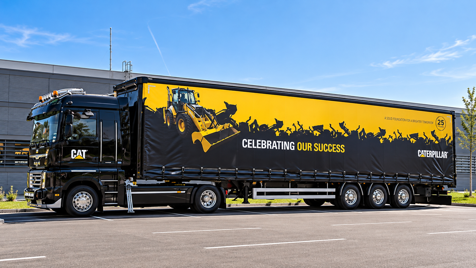 A large black semi-truck with a trailer parked in an outdoor lot. The trailer features a yellow and black graphic of a loader and a crowd of cheering people. The text on the trailer reads 'Celebrating Our Success' and mentions a 25-year anniversary. 