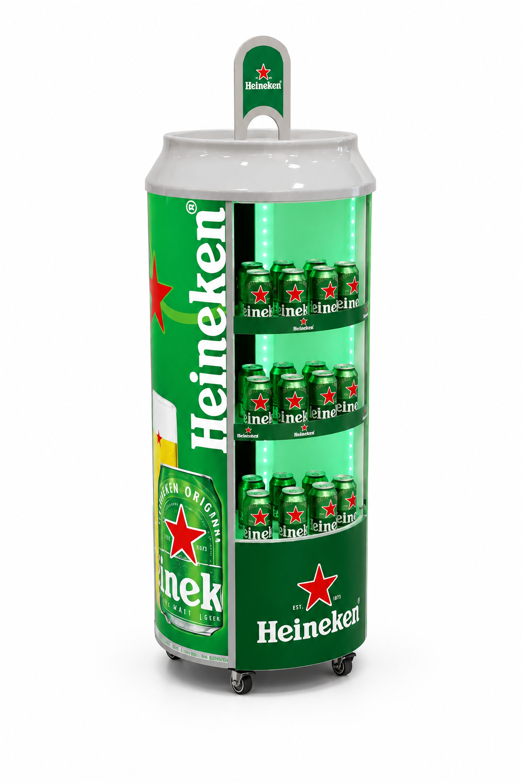 A portable fridge with a Heineken theme, displaying cans of Heineken beer inside.