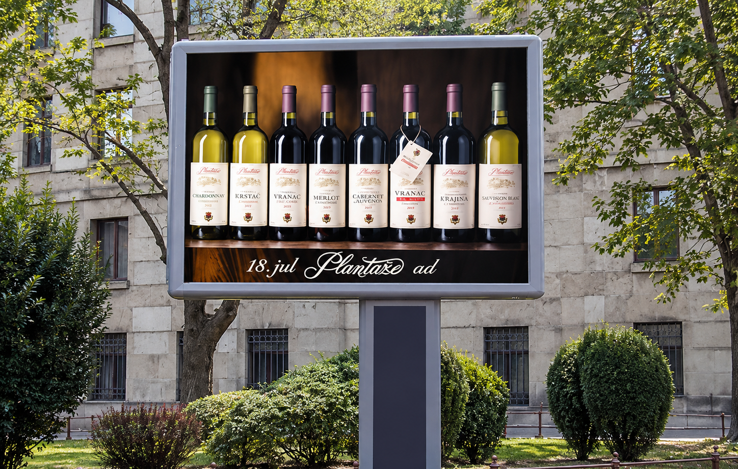 A digital billboard showing a display of eight wine bottles with white labels in an outdoor setting surrounded by greenery and trees.