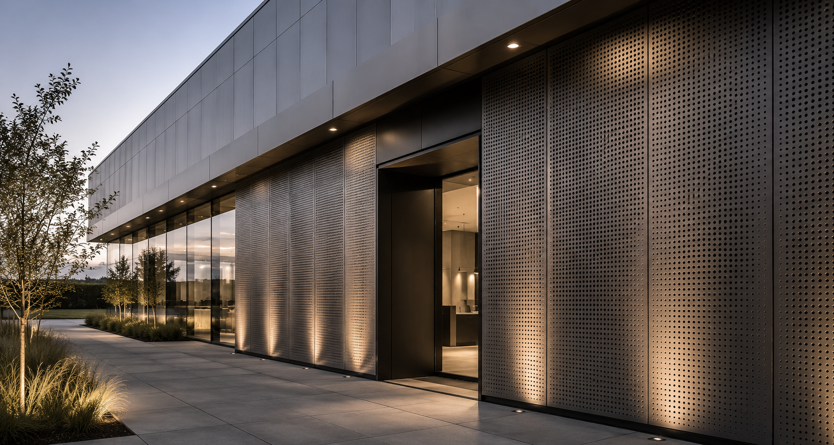 Modern building with large glass windows, perforated metal panels, and exterior lighting at dusk.