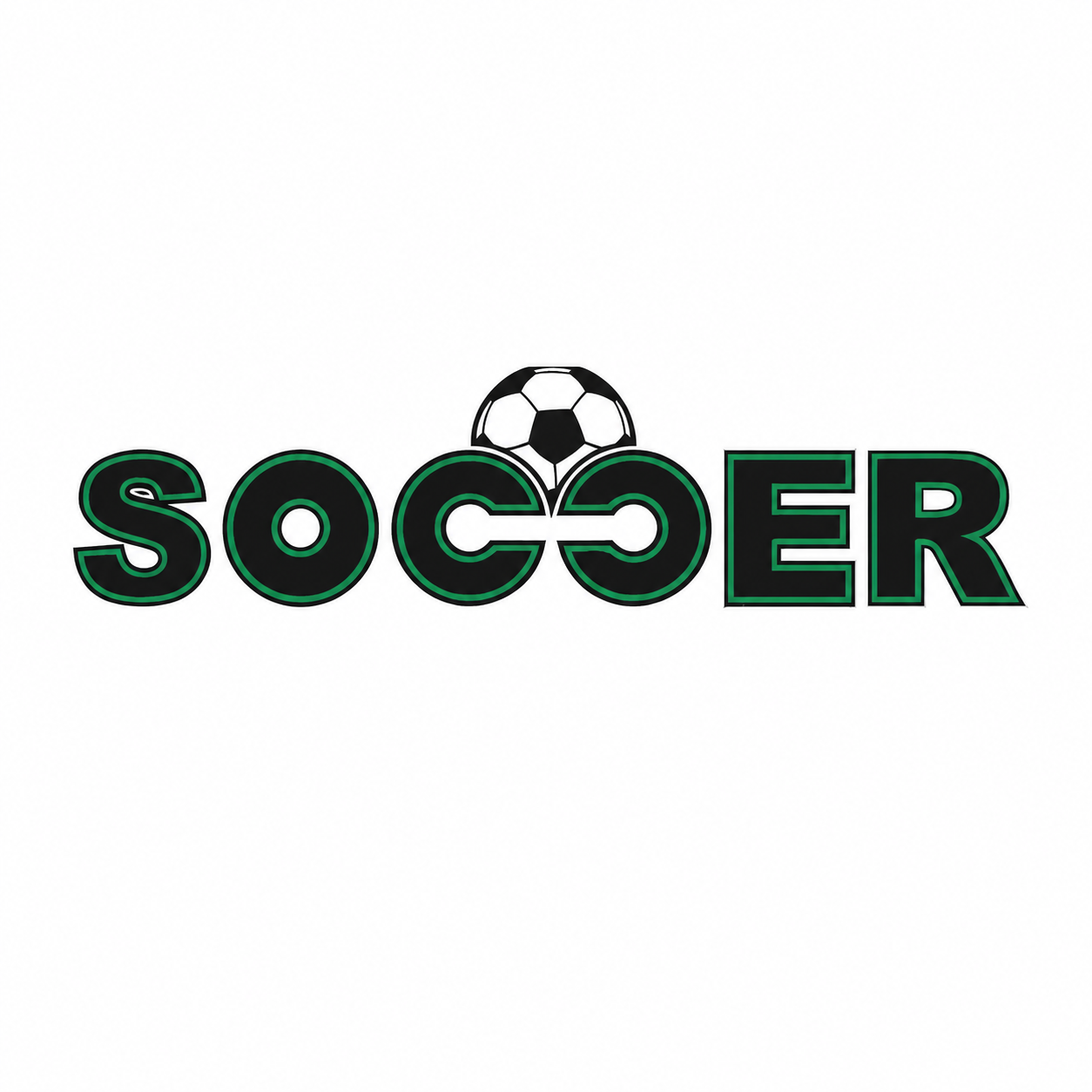 Graphic design of the word 'SOCCER' with a soccer ball replacing the letter 'C'.