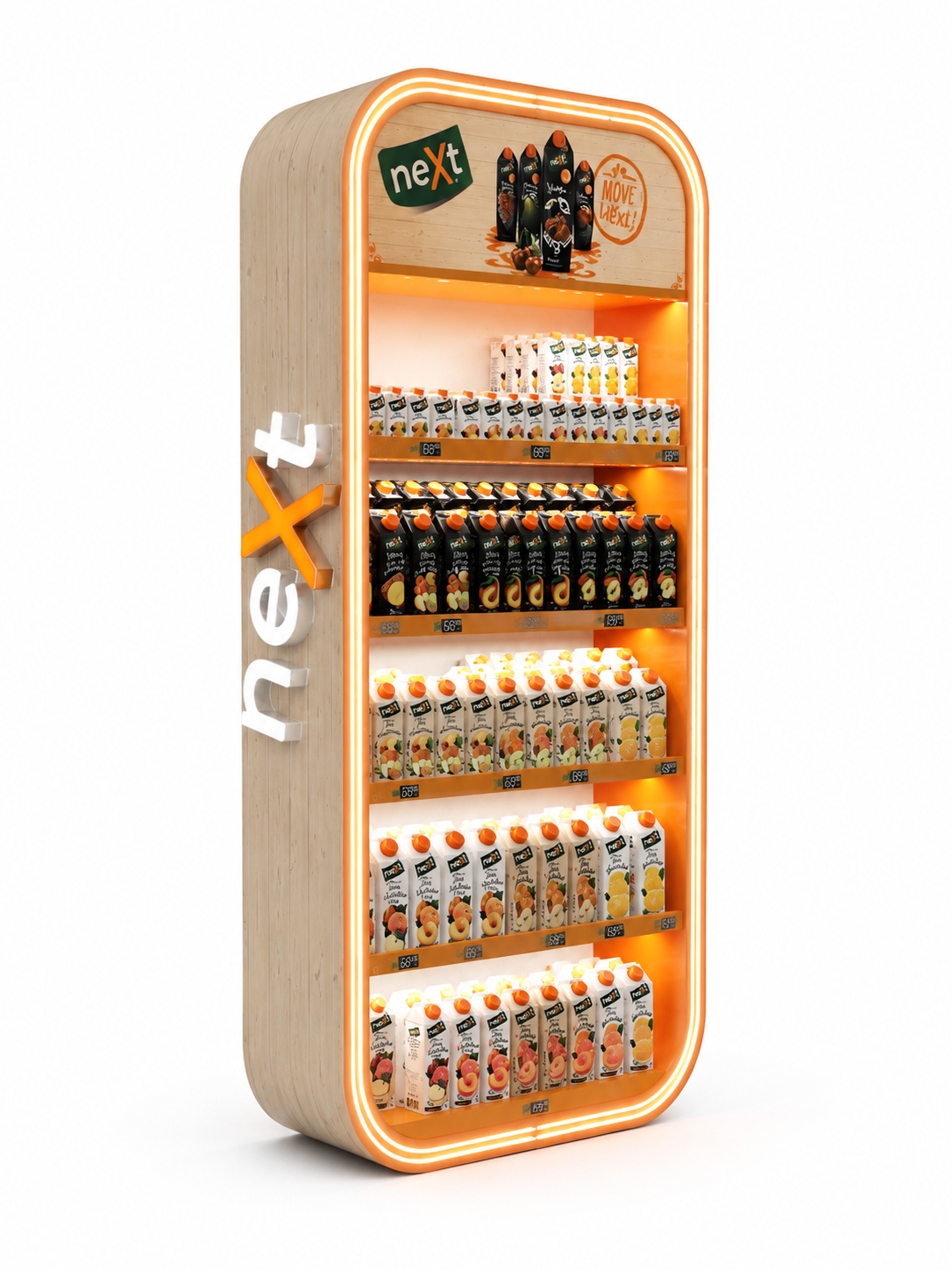 A vertical juice vending machine with a wooden exterior and orange neon lighting. It displays various juice cartons arranged on multiple shelves, with signs indicating prices and promotional messages at the top.