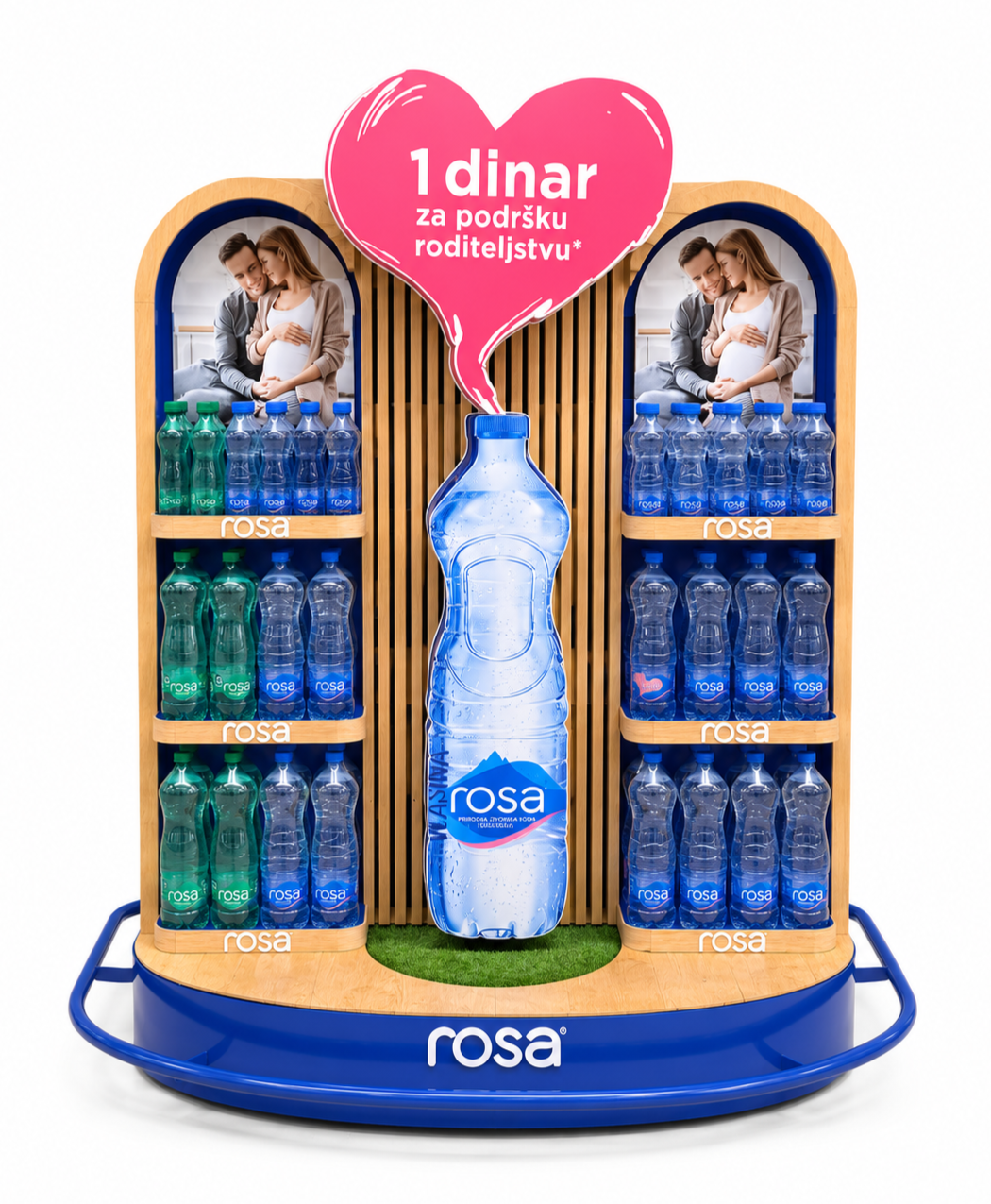 Display of Rosa bottled water with promotional sign in pink heart shape. Two shelves of bottles, images of a family, and branding elements are visible.