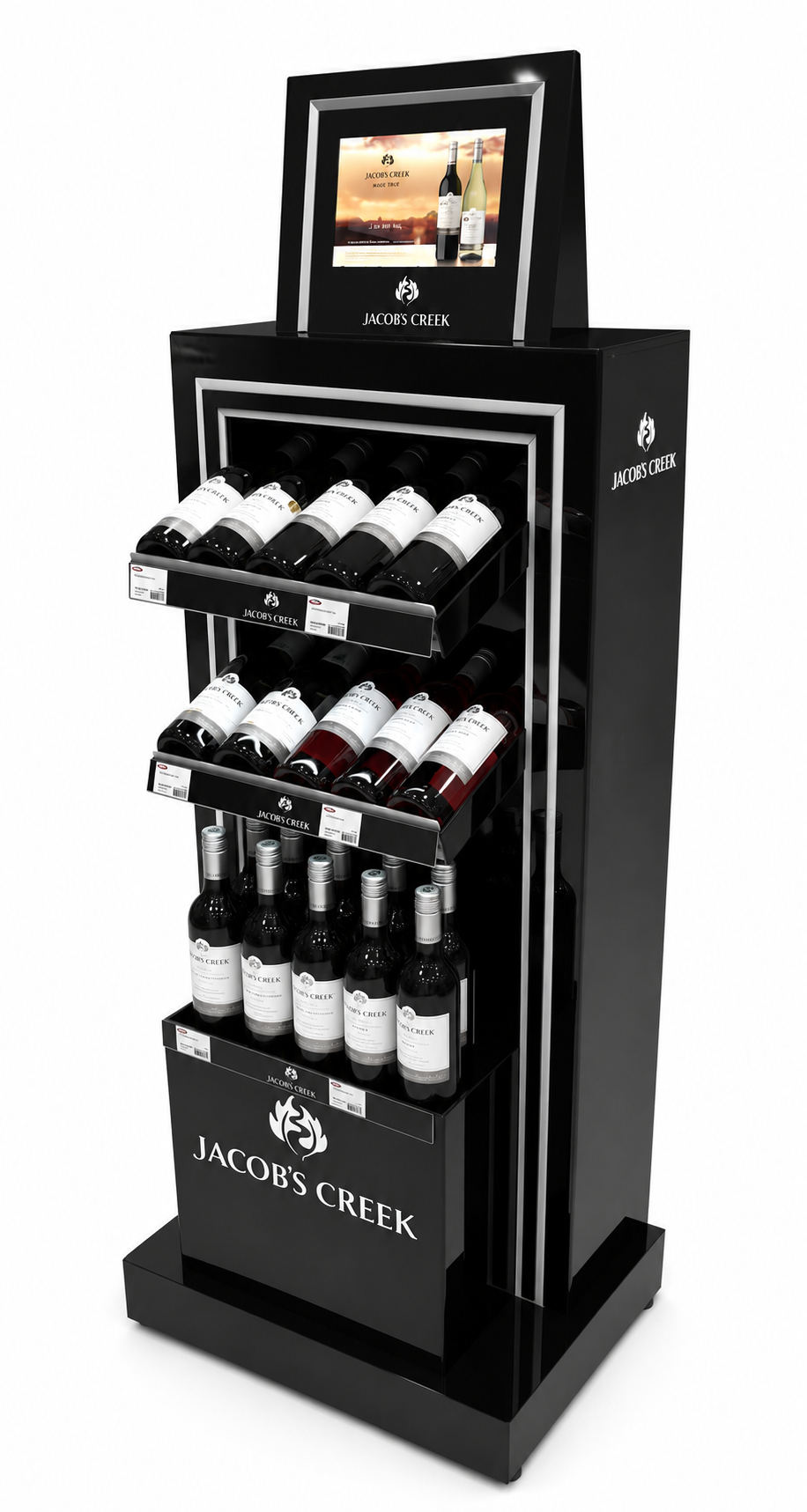 Black wine display stand with bottles of wine and a digital screen on top, labeled 'Jacob's Creek'.