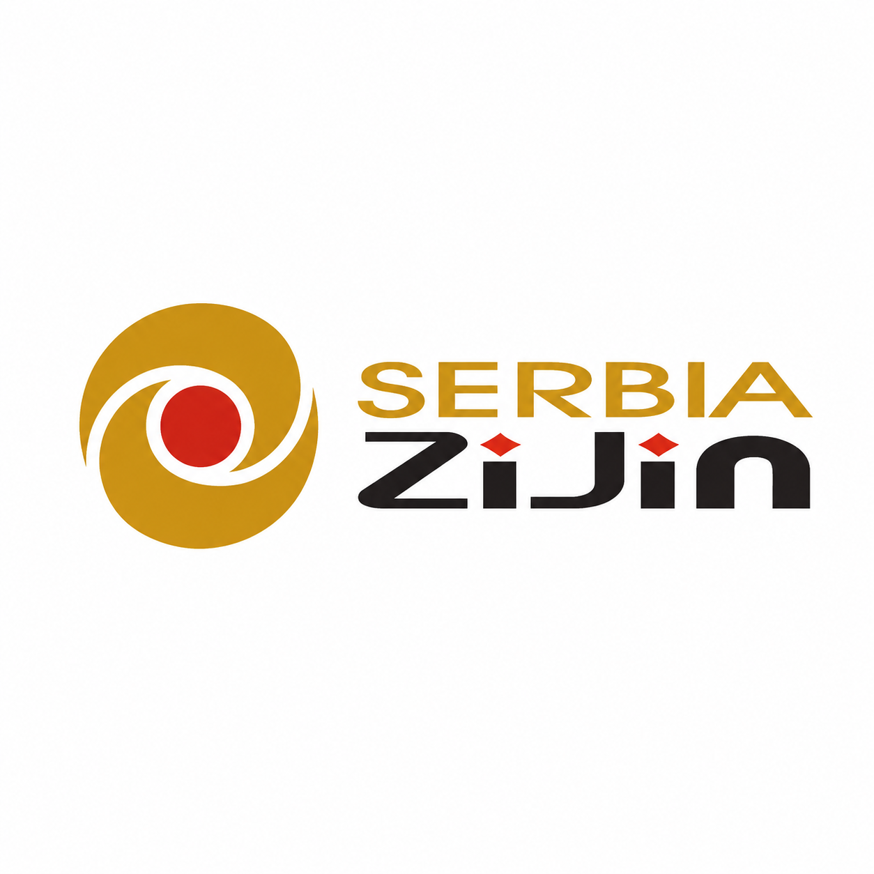 Logo with abstract circular symbol and the text 'Serbia Zijin' in gold and black with red diamond accents.