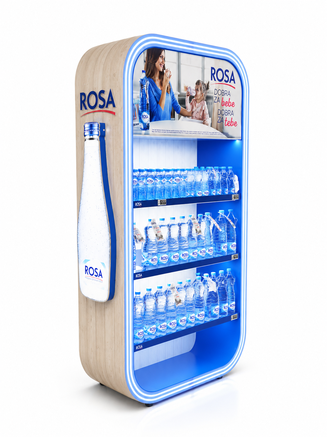 A vending display featuring Rosa bottled water sold in a retail setting, with an advertisement showing a woman and a child drinking water, and promotional text in Serbian.