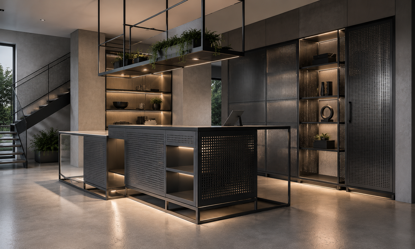 Modern minimalist hotel lobby with black metal reception desk, shelving with decor, concrete flooring, and large windows with outdoor greenery.