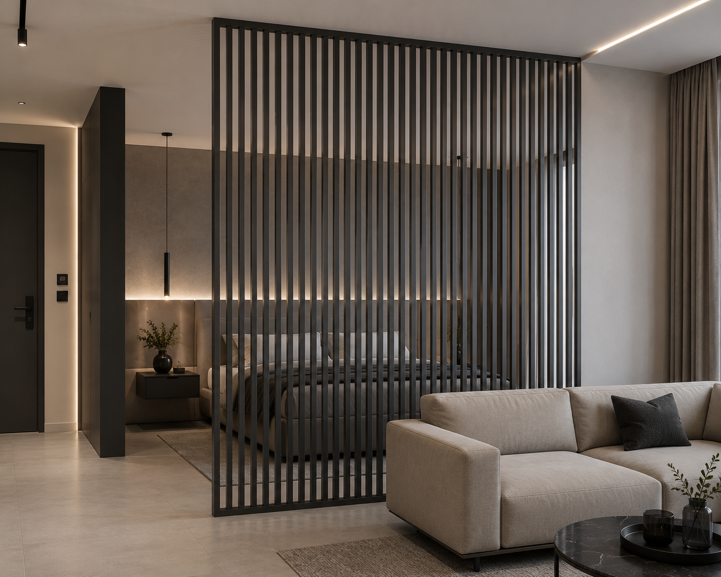 Modern living room with beige sofa, black pillows, black coffee table, and sliding wall separating the bedroom with bed, nightstand, and pendant light, all in neutral tones with natural light from windows.