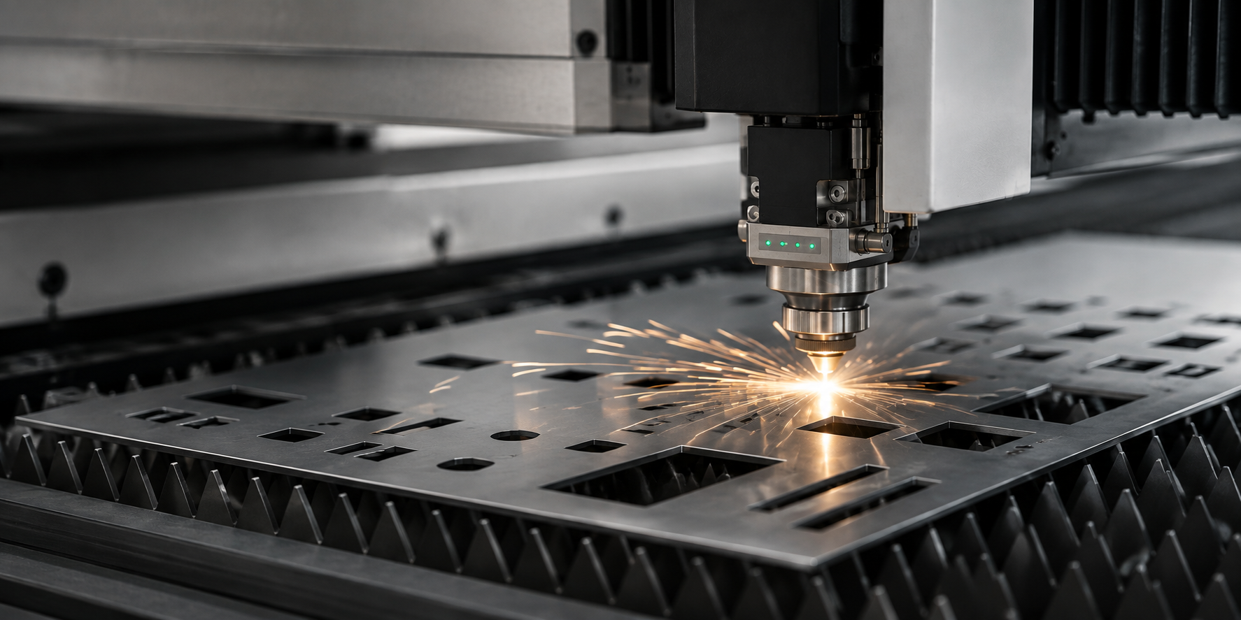 A laser cutter machine cutting metal with sparks flying, in an industrial setting.