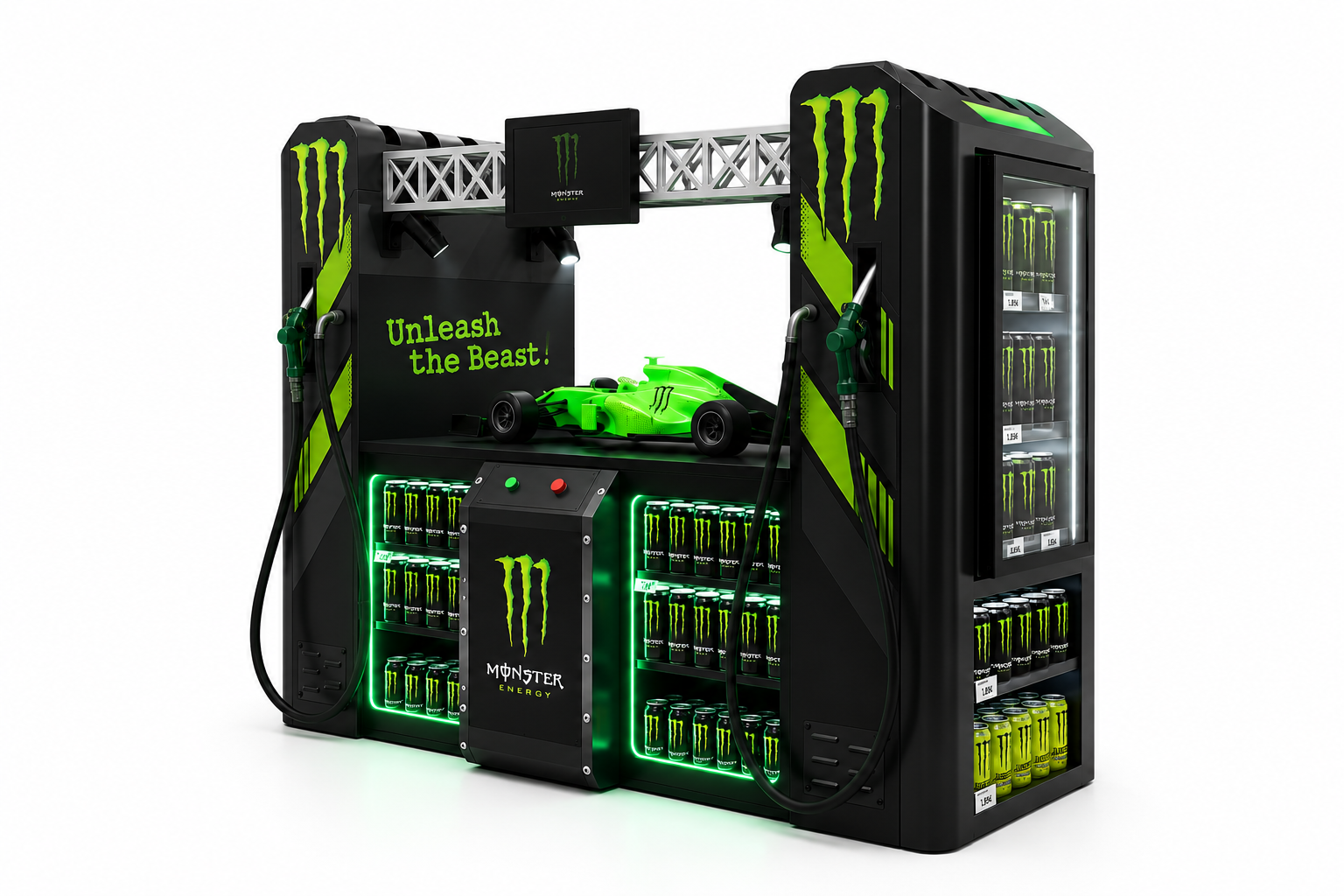 A Monster Energy themed fuel station display with a miniature race car, surrounded by beverage refrigerators stocked with Monster Energy drinks, and slogan 'Unleash the Beast!'