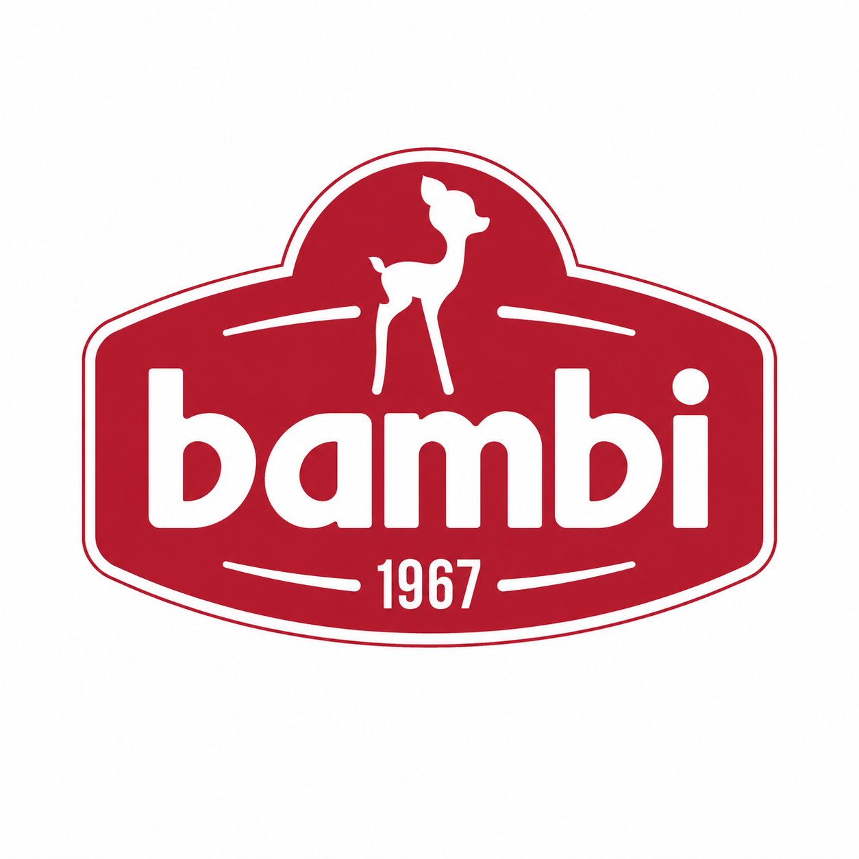Logo of Bambi, a 1967 animated film featuring a white deer on a red background with the word 'bambi' and the year 1967.