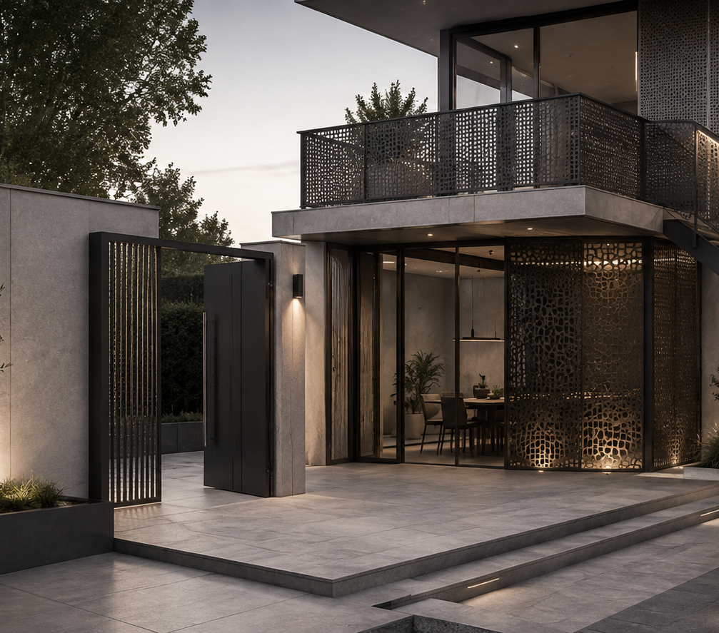 Modern house with a concrete facade, glass sliding doors, a balcony with a decorative railing, and an outdoor patio area with steps and subtle lighting.