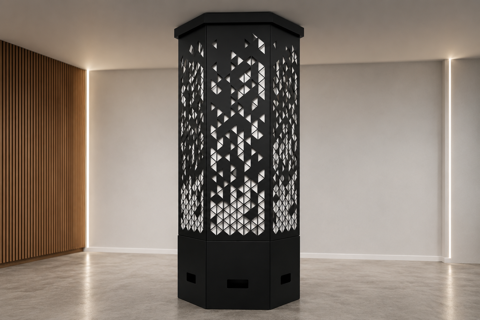 Modern black geometric sculpture in a minimalist room with white walls, a wooden slatted wall on the left, and a concrete floor.