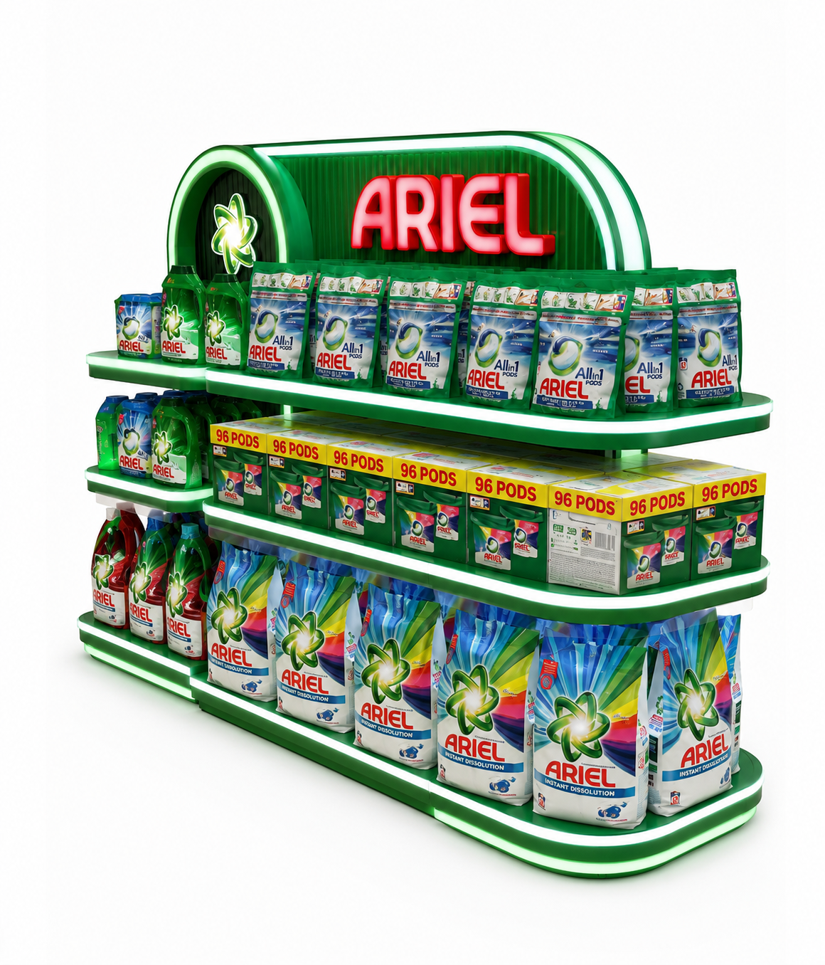 Store display shelf with Ariel laundry products, including pods and liquids, illuminated with green neon lights and a bright red Ariel sign at the top.
