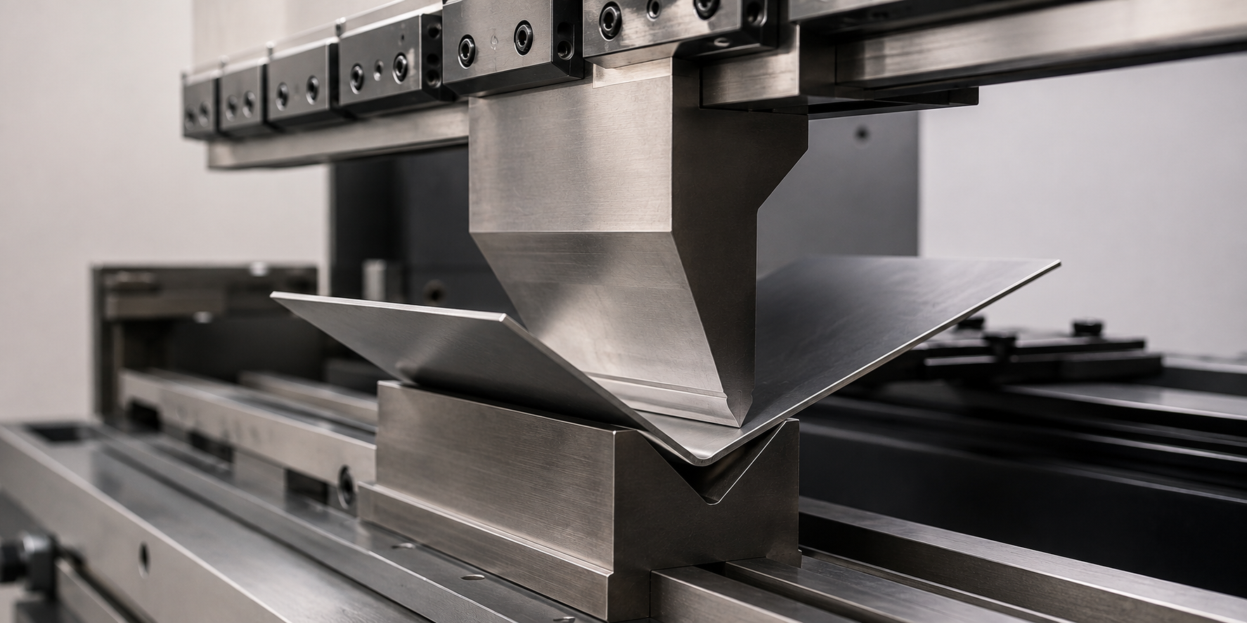 Close-up of a metal stamping machine forming a sheet of metal.