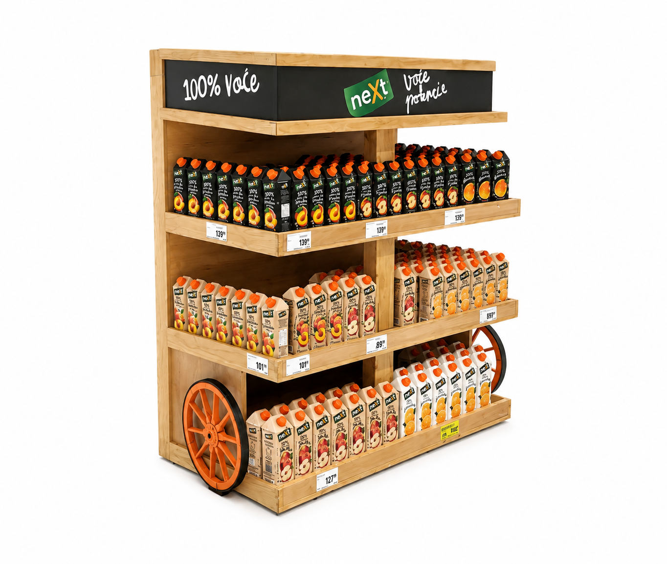Display shelf of various fruit juice cartons on a wooden cart with wheels, with a sign reading '100% Voie' and 'voix parc' at the top.