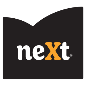 Next logo with black and orange design