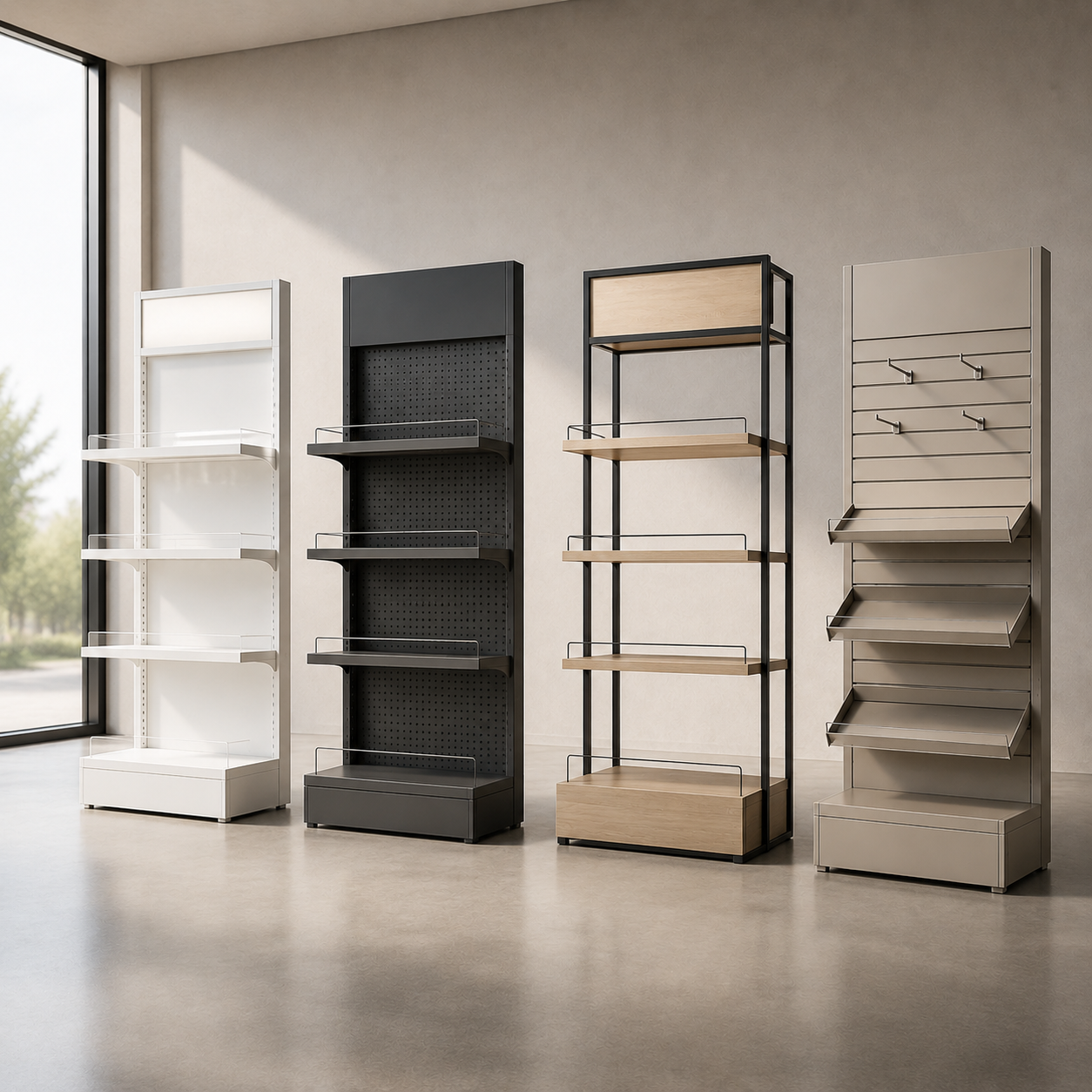 Production retail display shelves in different colors and styles, large capacity, based in Europe, shipping world wide