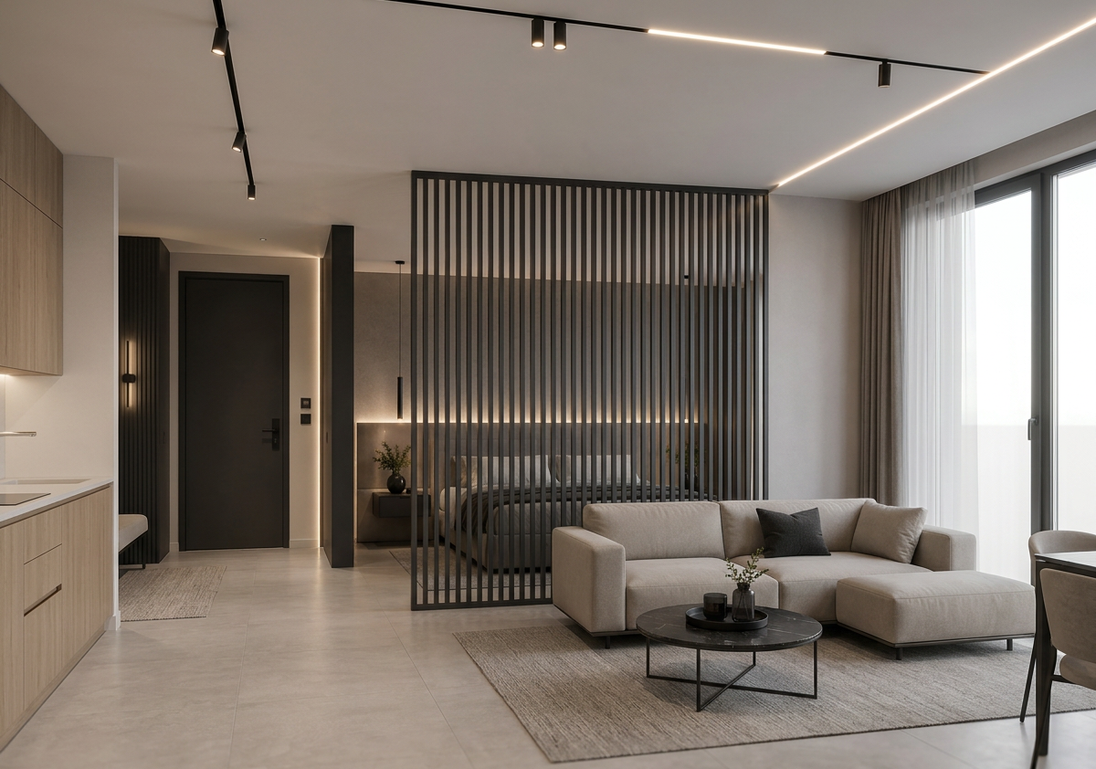 Modern living room with an open layout, featuring a beige sectional sofa, a black round coffee table with decorative items, large window with sheer curtains, and a slatted partition separating the living area from the bedroom