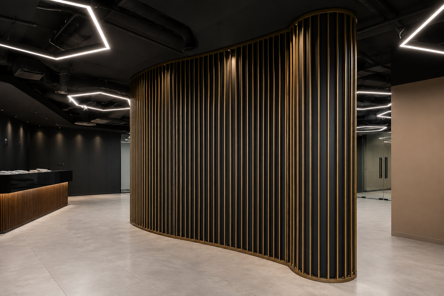 Modern interior with a curved wall made of vertical black and gold slats, black ceiling with geometric strip lights, beige tiled floor, and a black reception or counter area on the left.