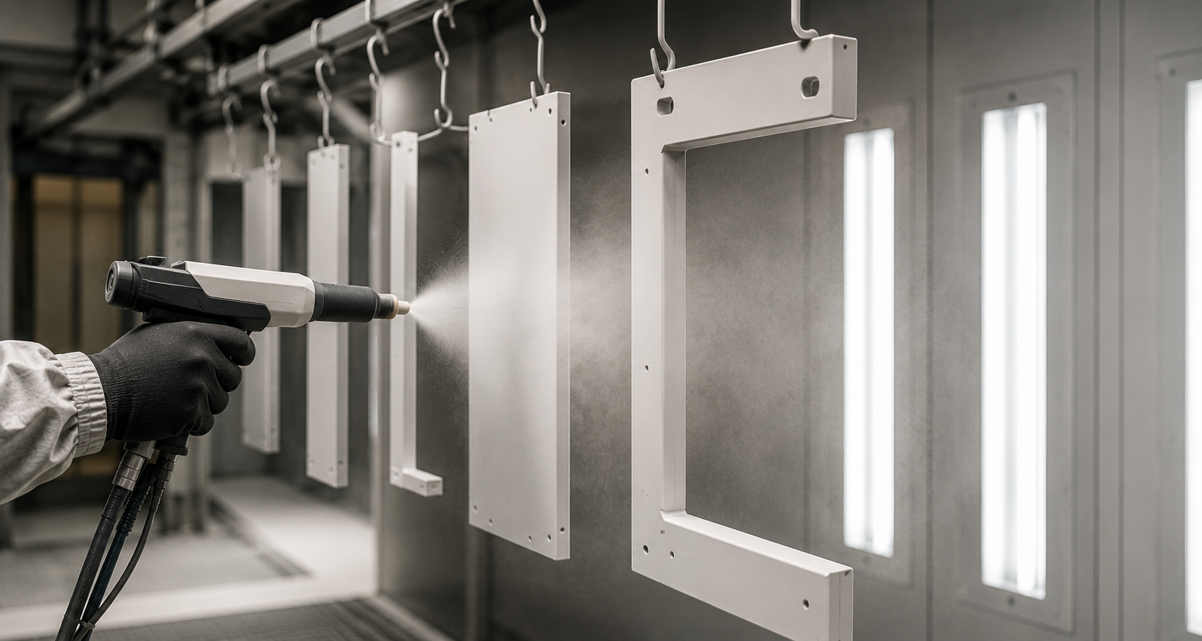 A person wearing gloves is using a spray gun to paint or coat metal frames in a manufacturing or assembly process.