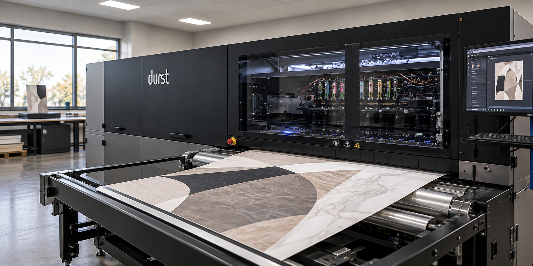 An industrial fabricator, the Durst, printing marble and stone patterns onto large sheets in a bright, spacious workshop with large windows.