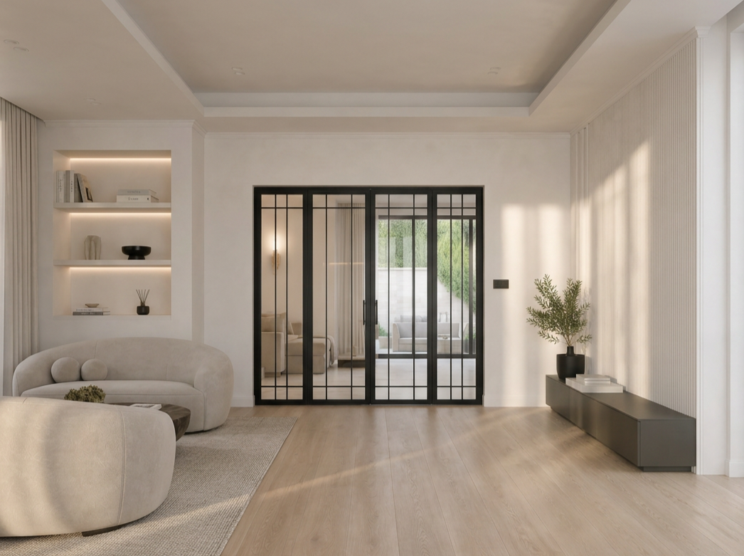 Modern living room with beige curved sofa, built-in shelves with decor, black metal sliding glass door leading to patio with outdoor seating and greenery, wooden flooring, and a sideboard with a potted plant.
