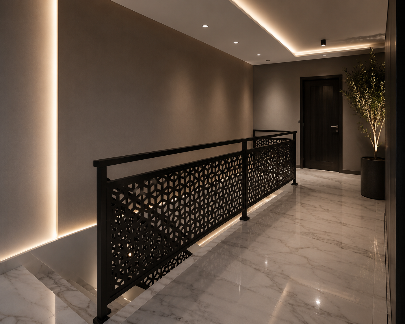 Modern hallway with marble flooring, gray walls, black decorative railing, ceiling with recessed lighting, potted plant near a closed door.