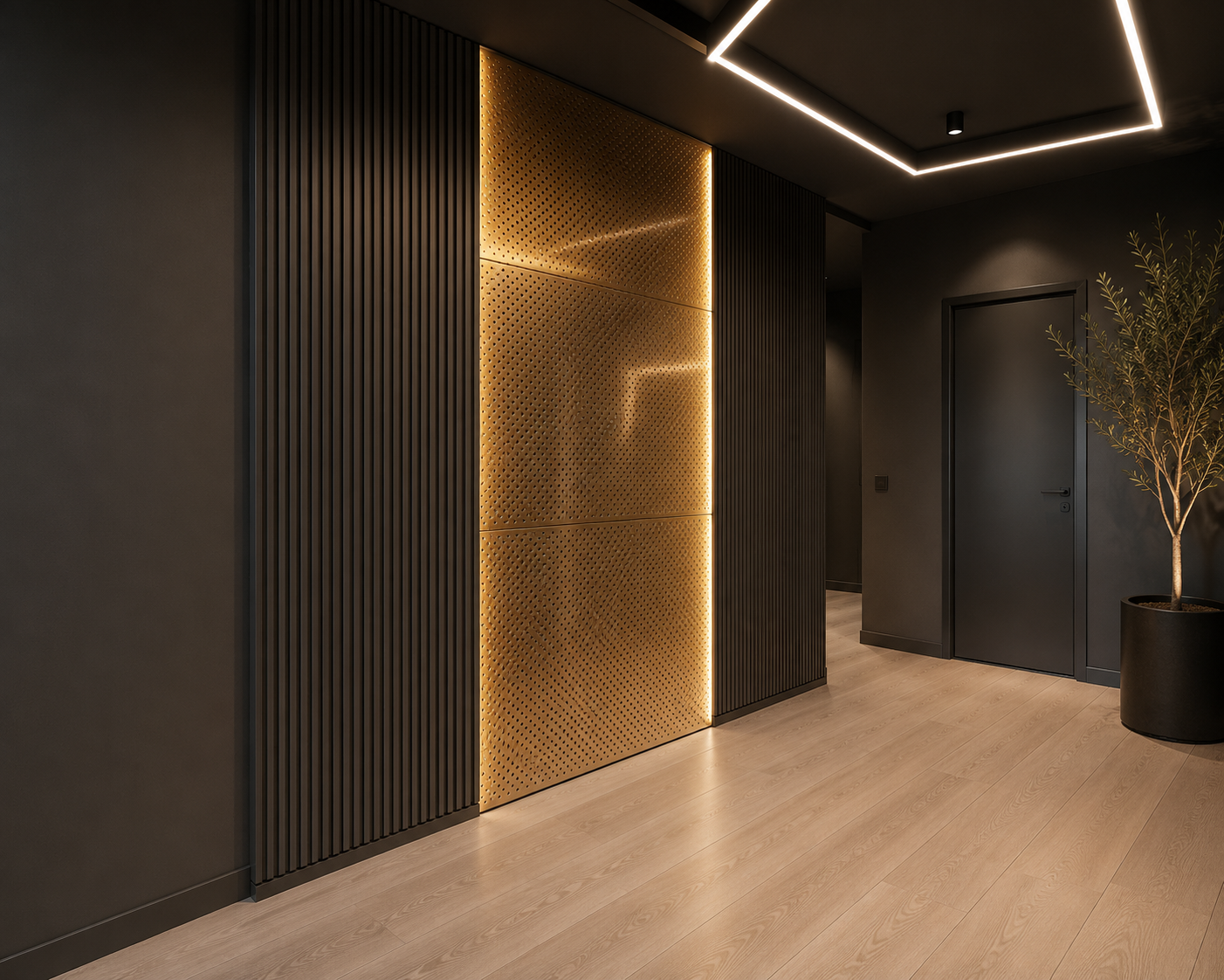 Modern interior with black walls and a black door, a decorative golden perforated panel with LED lighting, a potted plant, and light wooden flooring.
