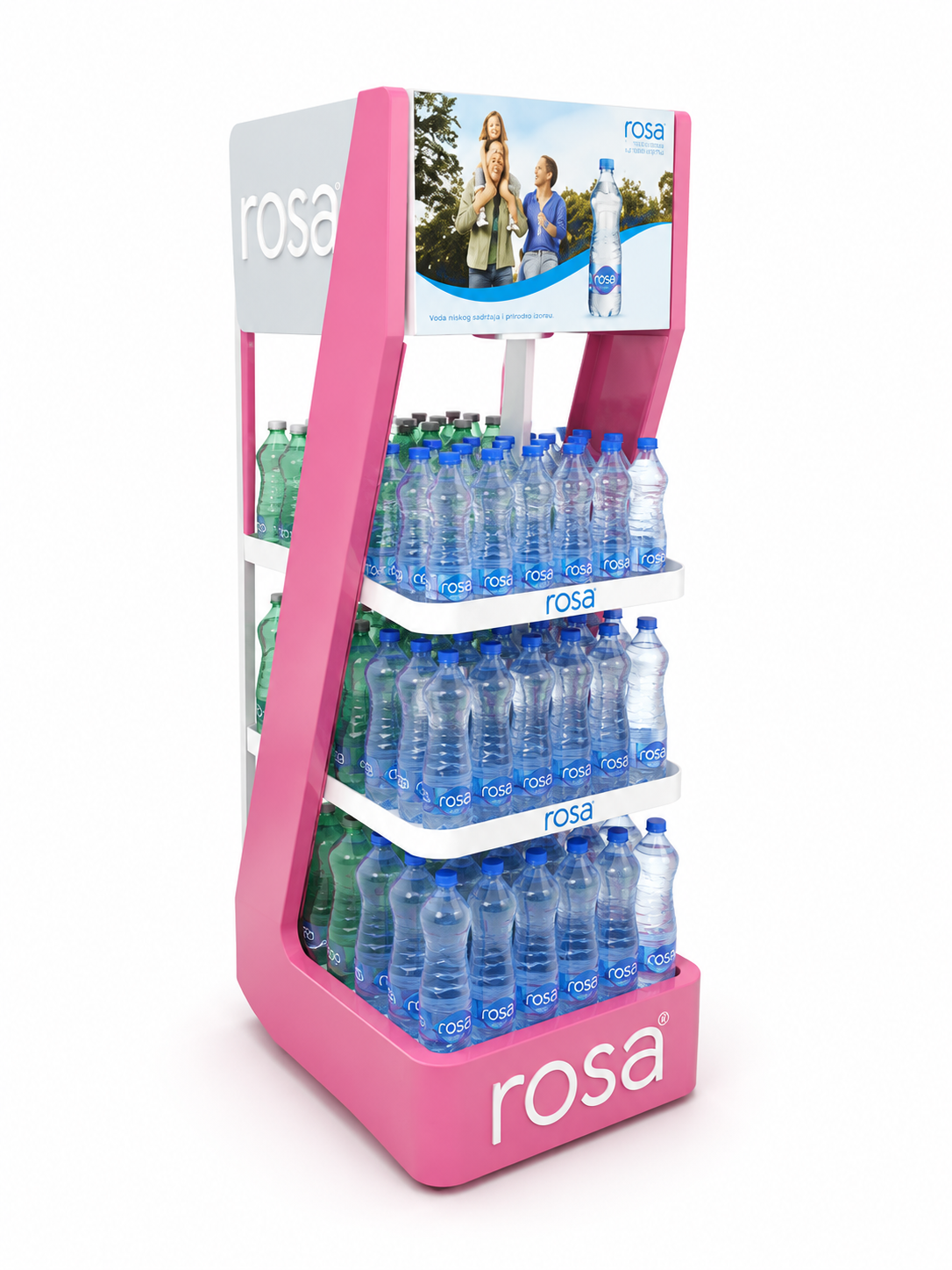Display stand with pink sides and shelves of bottled water labeled 'Rosa', topped with a promotional image of smiling people outdoors and a bottle of 'Rosa' water.