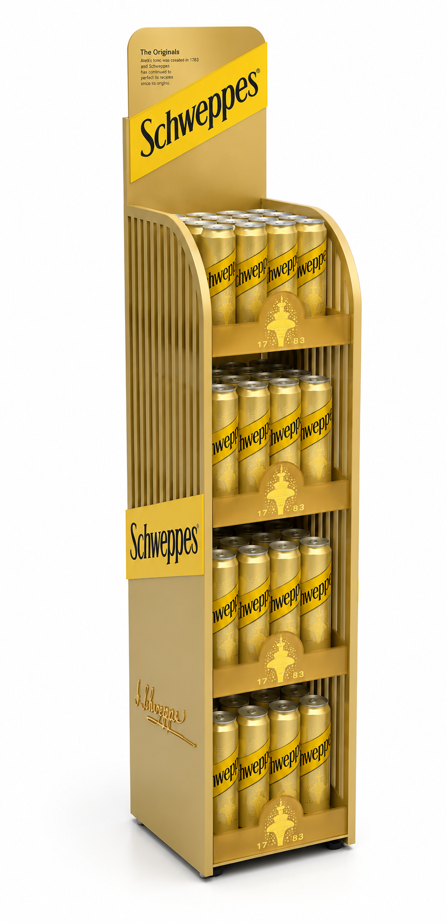 A tall yellow shelving unit displaying cans of Schweppes tonic water with a Schweppes logo and branding.