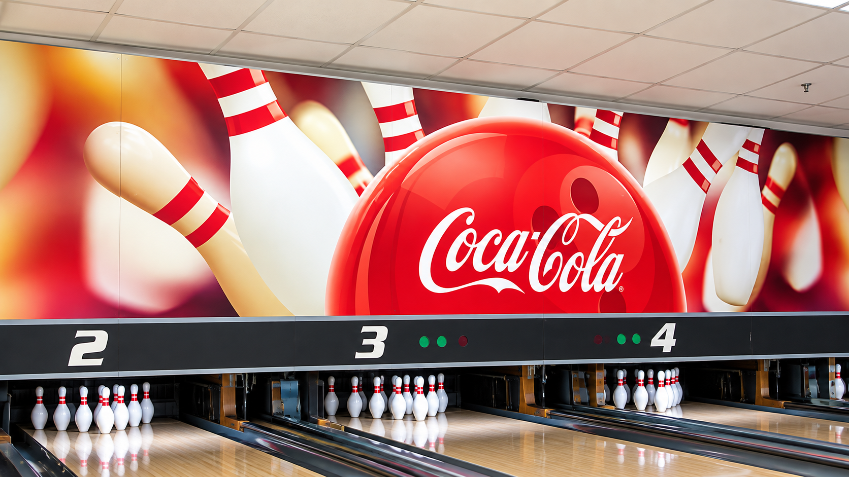 A bowling alley with a large Coca-Cola advertisement featuring bowling pins, a red bowling ball with the Coca-Cola logo, and bowling balls lined up on the lanes.