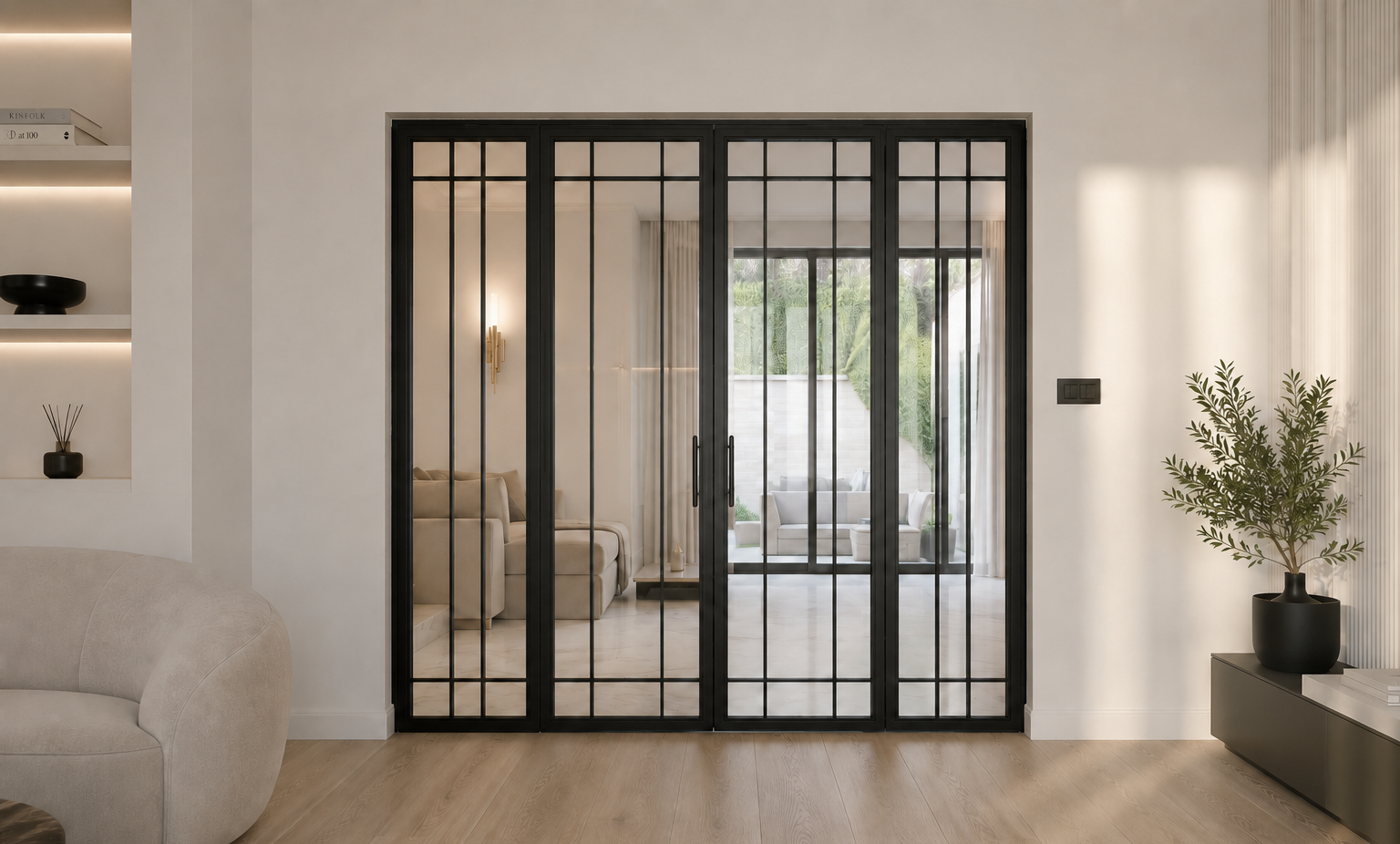 Modern living room with glass sliding doors, beige sofa, black decor, and a potted plant.