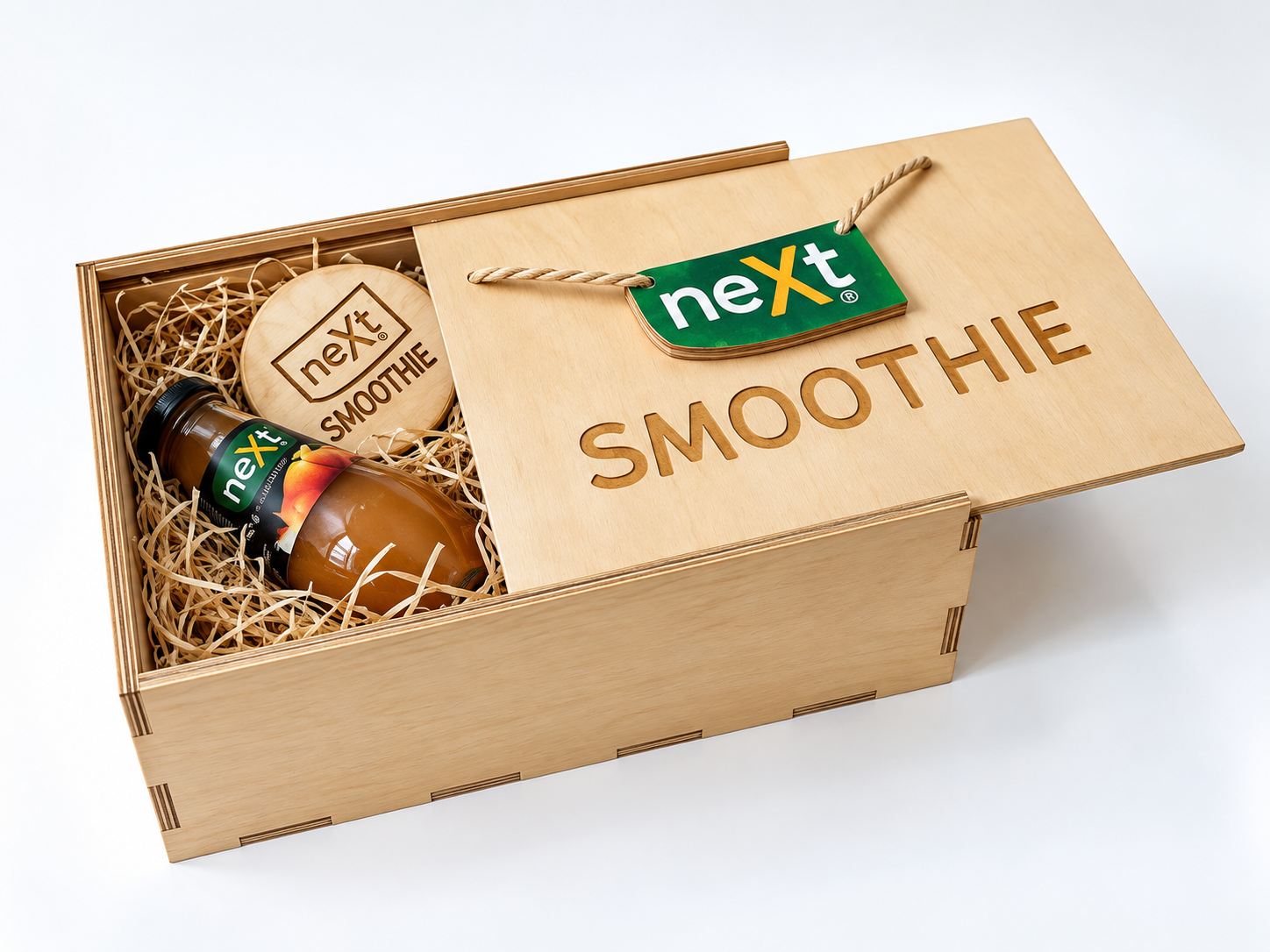 Wooden gift box containing a bottle of Next smoothie, a round wooden sign that says 'Next Smoothie', and a gift tag attached to a rope handle that says 'Next'.