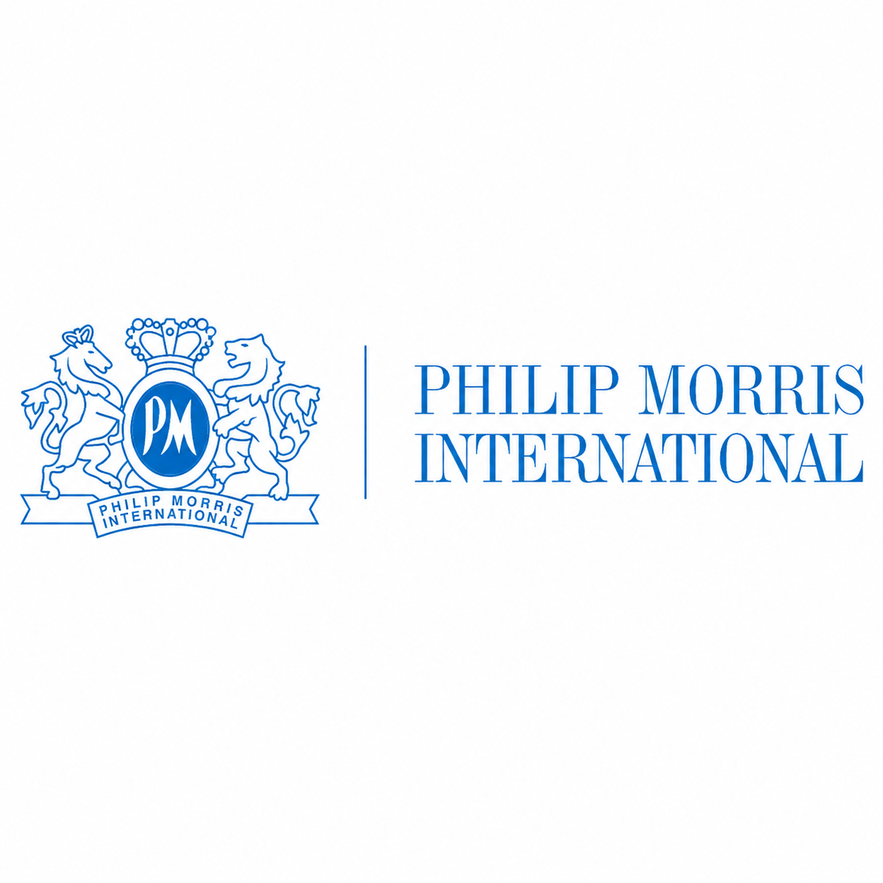 Logo of Philip Morris International featuring a blue heraldic crest with two lions and a crown, and the company name in blue text.