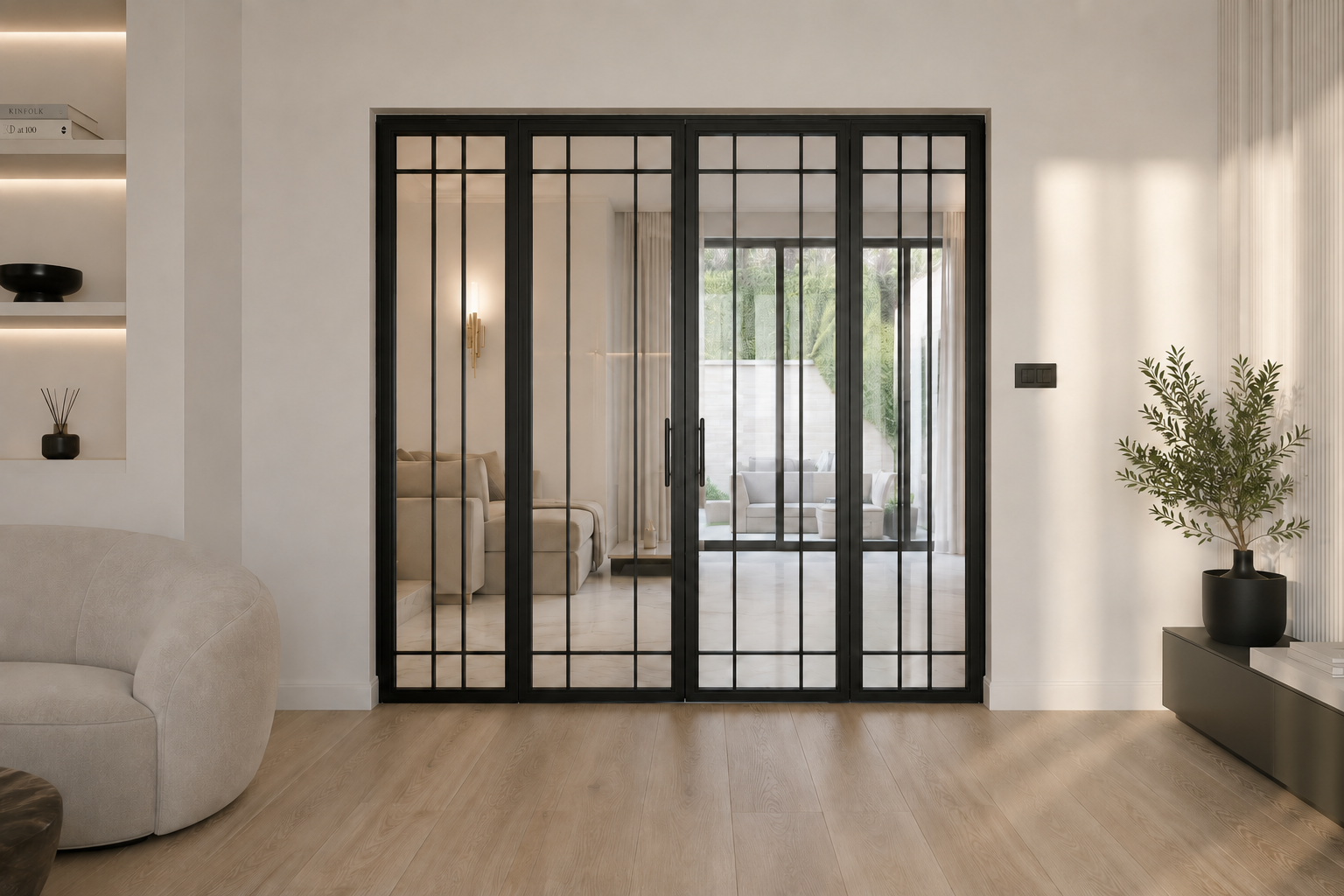 Modern living room with a black-framed glass sliding door, beige sofa, decorative shelf, potted plant, and natural light