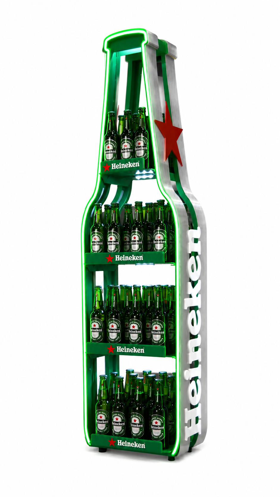 Heineken beer display shaped like a large bottle with green neon outline, containing multiple shelves of Heineken beer bottles.