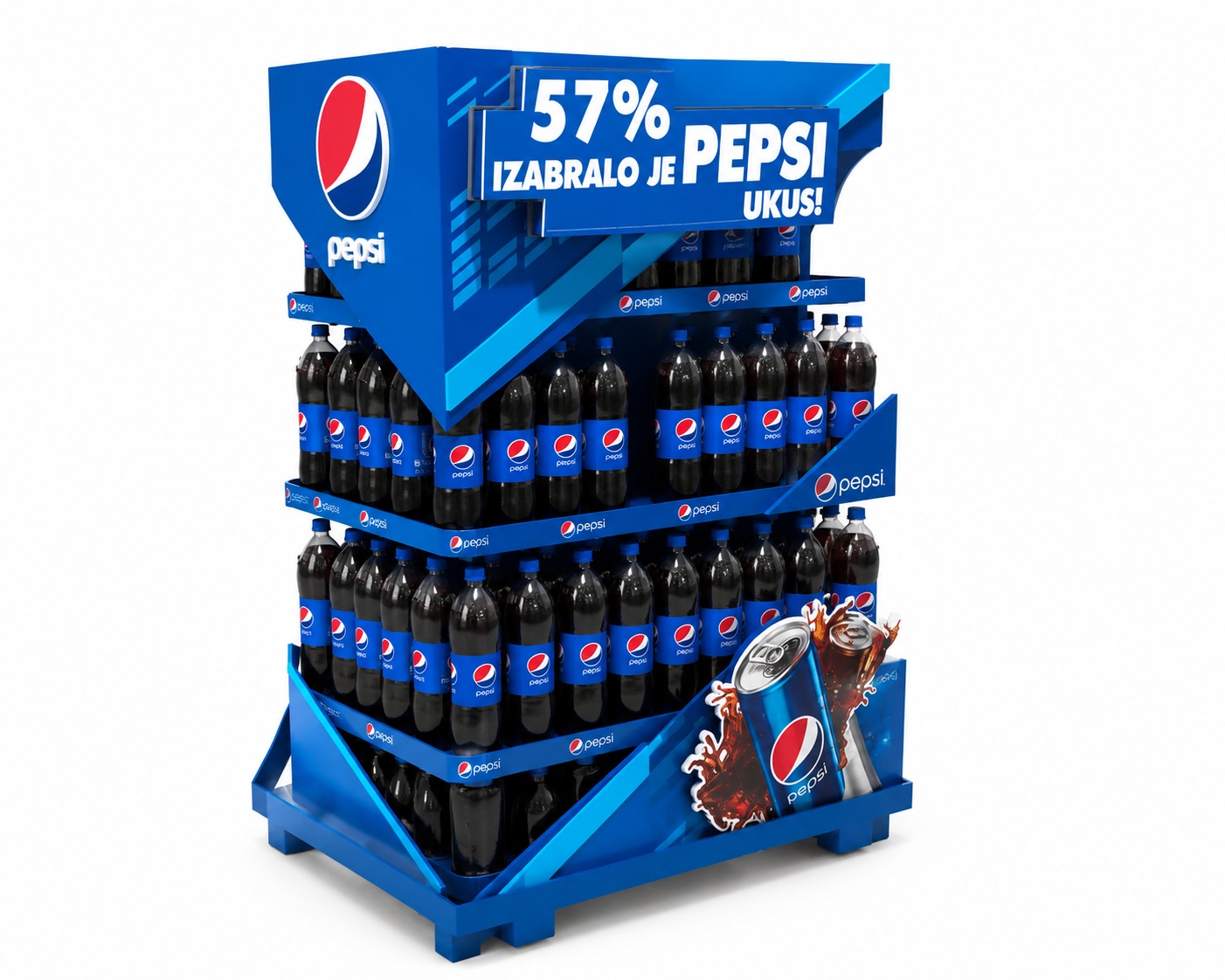 Blue Pepsi display stand with multiple bottles and signs in Serbian promoting Pepsi, with a can of Pepsi and splash graphic at the bottom.