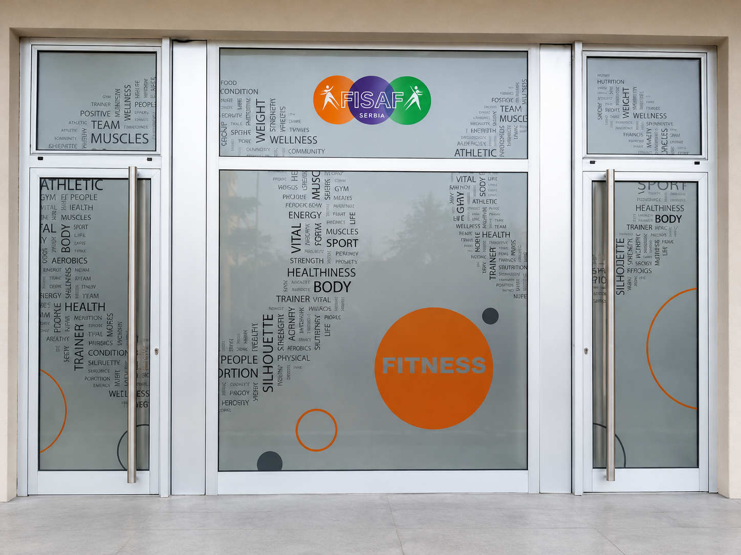 Glass door with fitness-themed words and logos, including FISAF Serbia, and orange and green decorative circles.