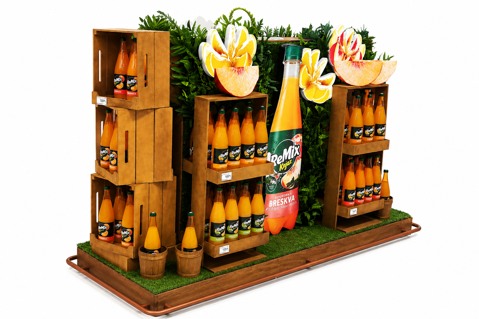 Display of Remy Mix bottled beverages arranged on wooden crates and a small grassy platform with decorative flowers and foliage in the background.