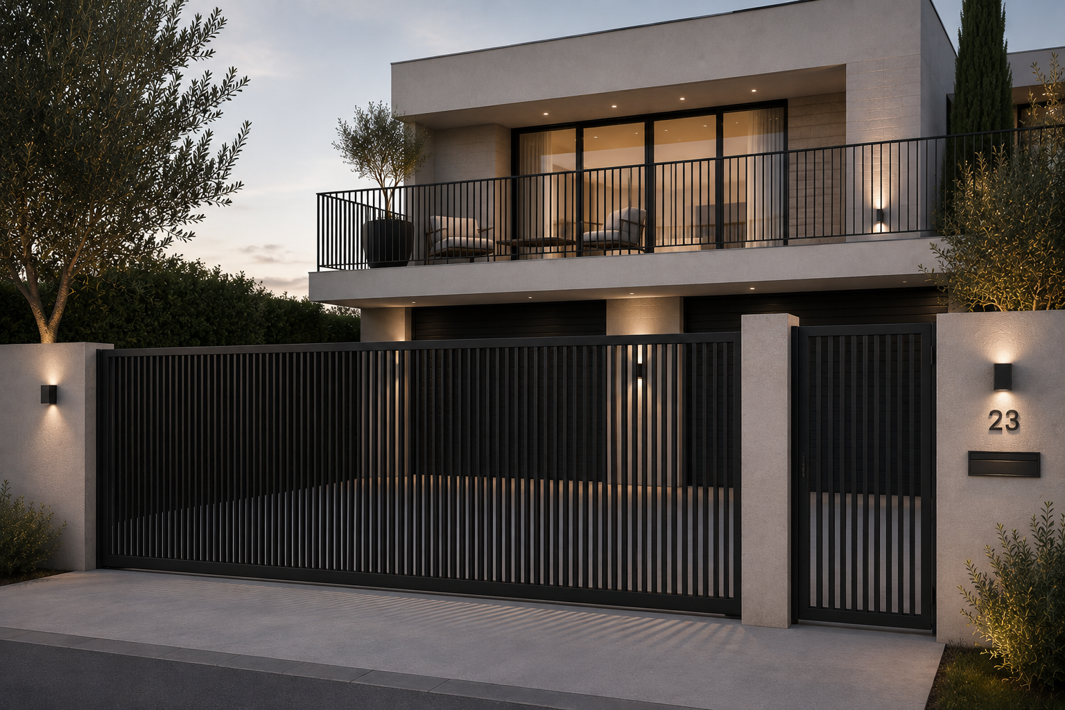 Modern two-story house with a black metal gate and outdoor lighting, featuring a balcony with patio furniture and potted trees.