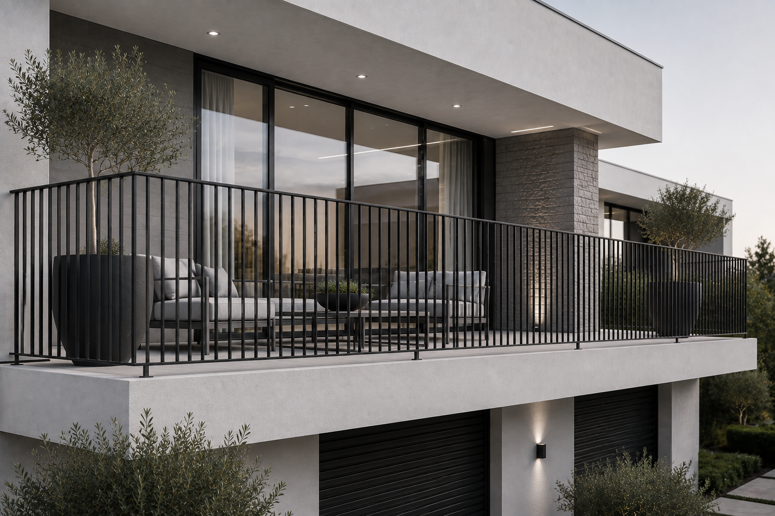 Modern balcony with glass doors, outdoor seating, large potted plants, and minimalist lighting on a contemporary residential building.