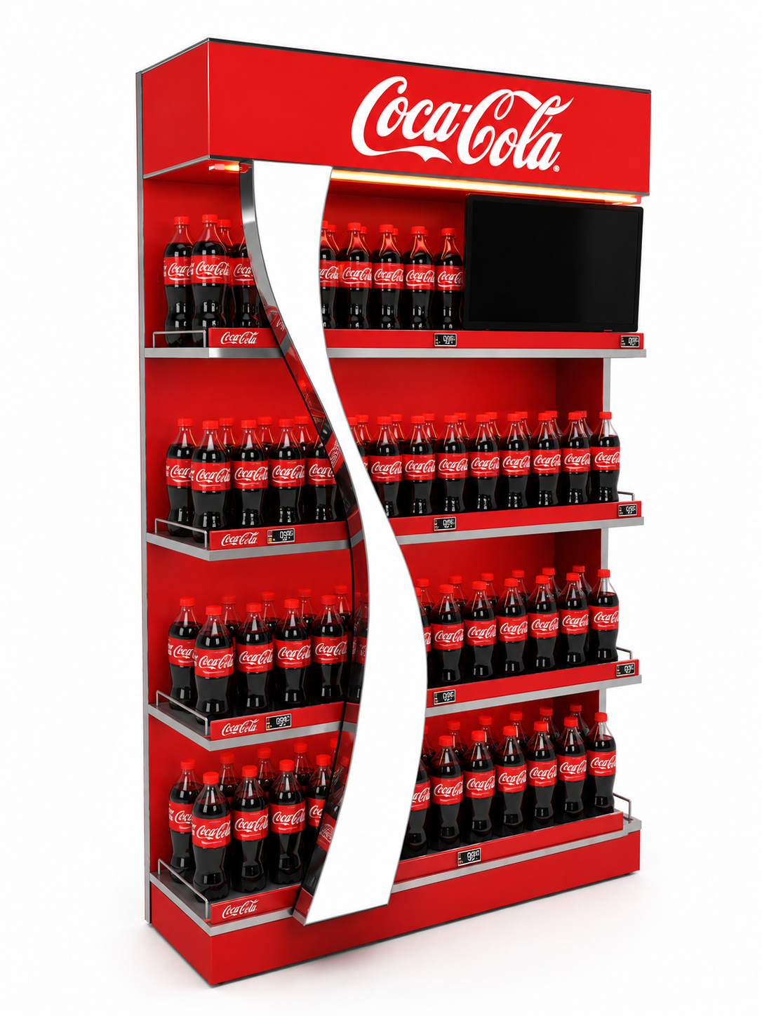 Coca-Cola vending machine stocked with bottles of Coca-Cola, featuring the classic red and white logo, with a digital display and a screen on top.
