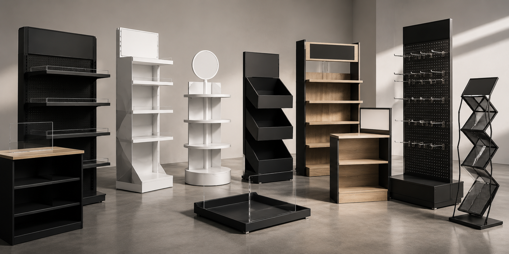 Several display shelves and racks in black, white, and wood finishes arranged in a store or gallery setting.