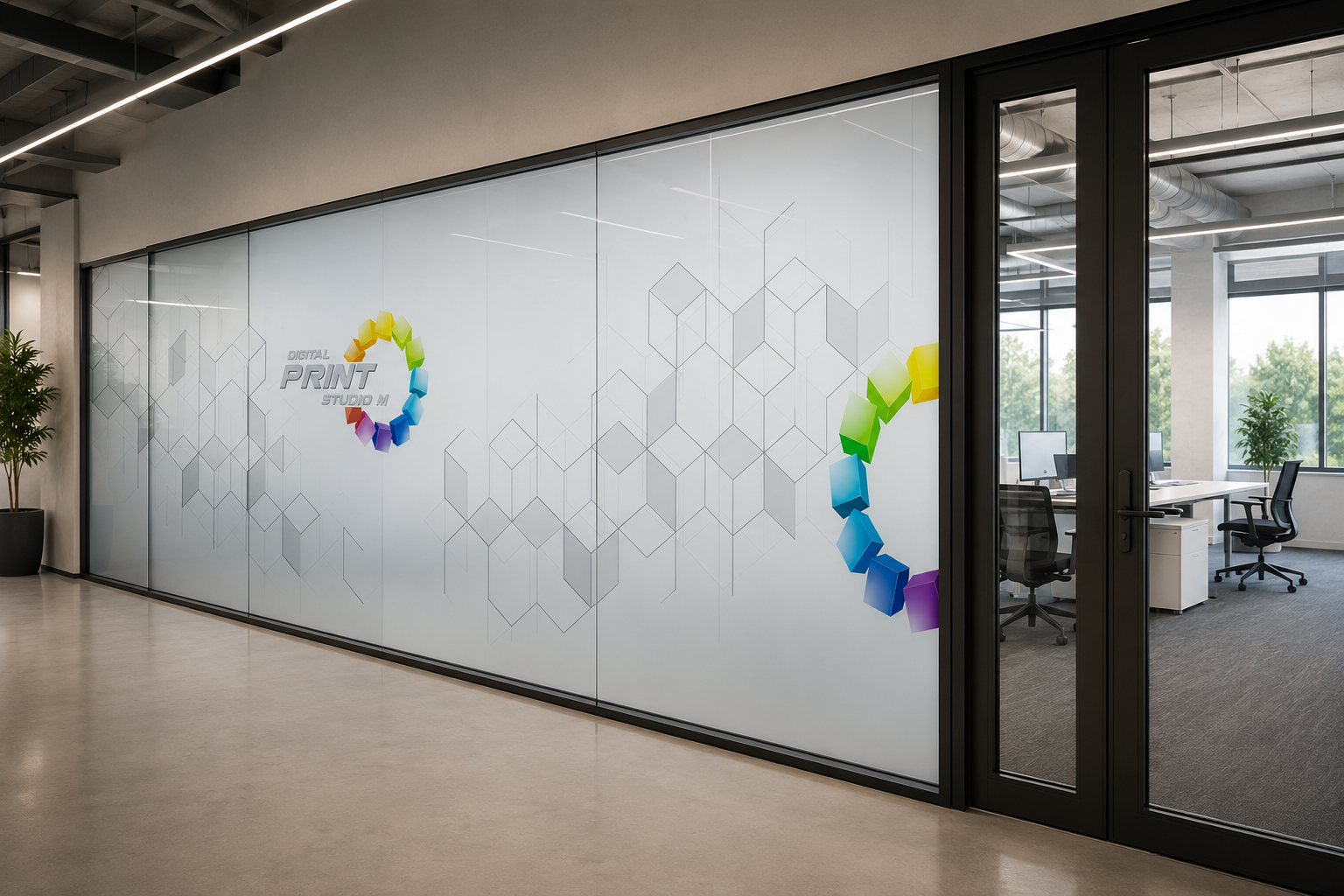 Office conference room with glass walls, the wall features a