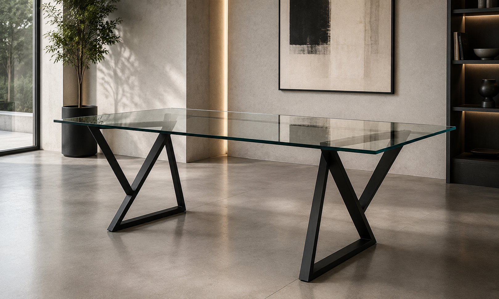 Modern interior with a glass table with black geometric legs, a potted plant, abstract wall art, and built-in shelving with decor, in a minimalist design.
