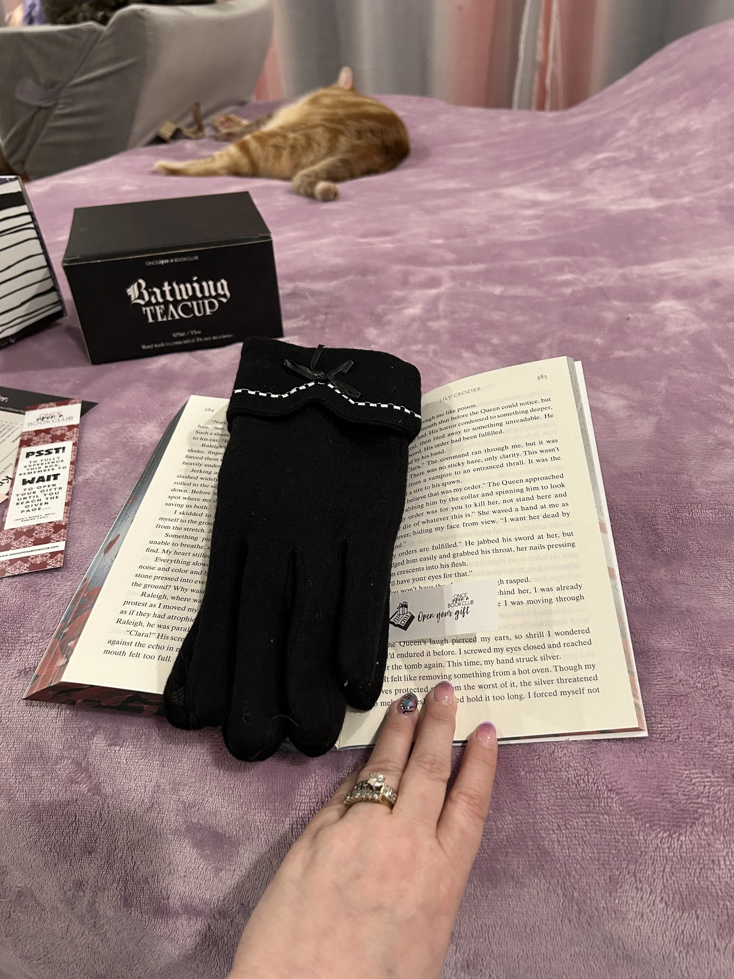 Long black gloves with bow and white trim displayed over Vow of Eternal Night.